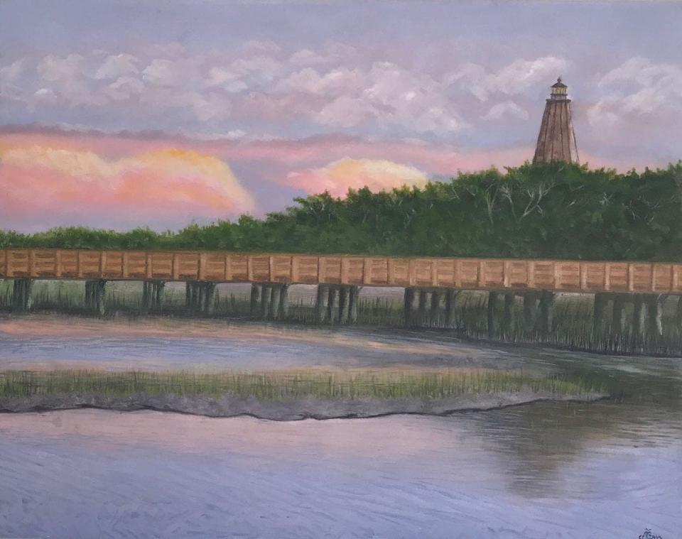 "Bald Head Island Lighthouse," oil painting by Saudi Arabian artist Wafa Alsleem done on Bald Head Island for the 2024 No Boundaries International Artists Residency.