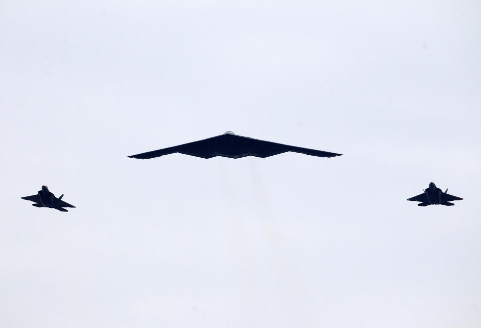 U.S. Army planes fly over Washington during an Independence Day celebration attended by President Donald Trump at the Lincoln Memorial, Thursday, July 4, 2019, in Washington. (AP Photo/Jose Luis Magana)