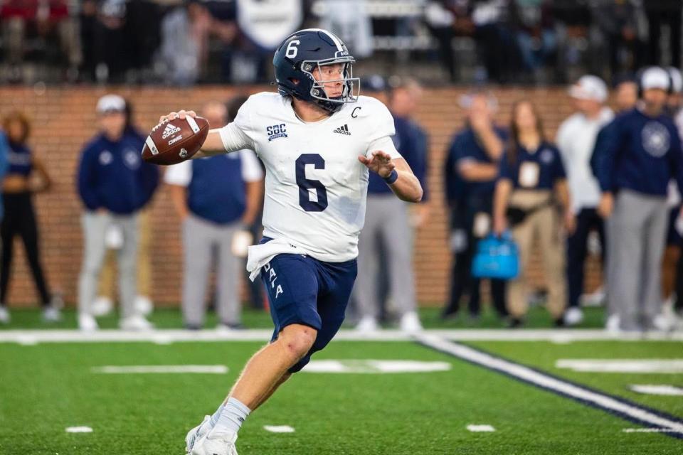 Georgia Southern quarterback Kyle Vantrease looks to pass against host Old Dominion on Saturday, Oct. 22, 2022 in Norfolk, Virginia. Georgia Southern won 28-23.