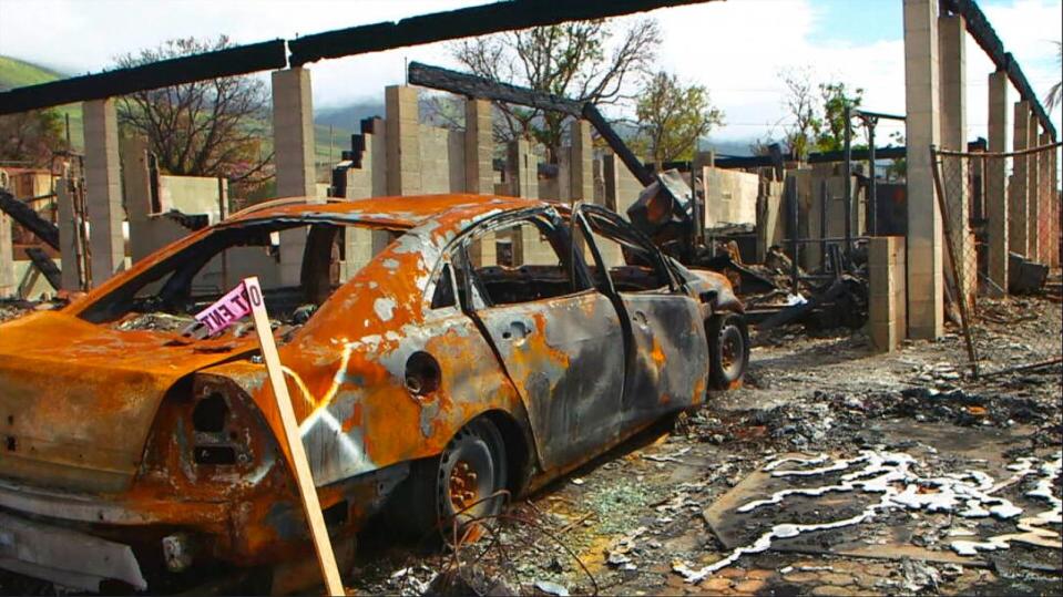 PHOTO: Aftermath of the wildfires in the Maui neighborhood of Lahaina last August. (Nicco Quinones for ABC News)