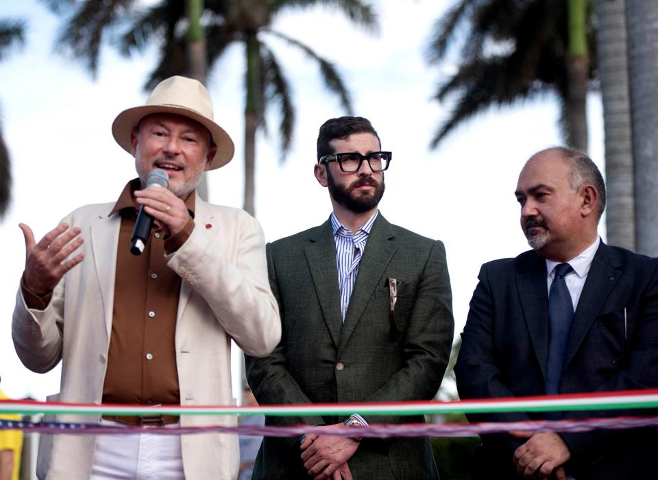 From left: Canossa CEO Luigi Orlandini; Enzo Mattioli Ferrari, great-grandson of Ferrari founder Enzo Ferrari; and Michele Mistò, the Miami-based Italian consul general, attend the Cavallino Classic at The Breakers.