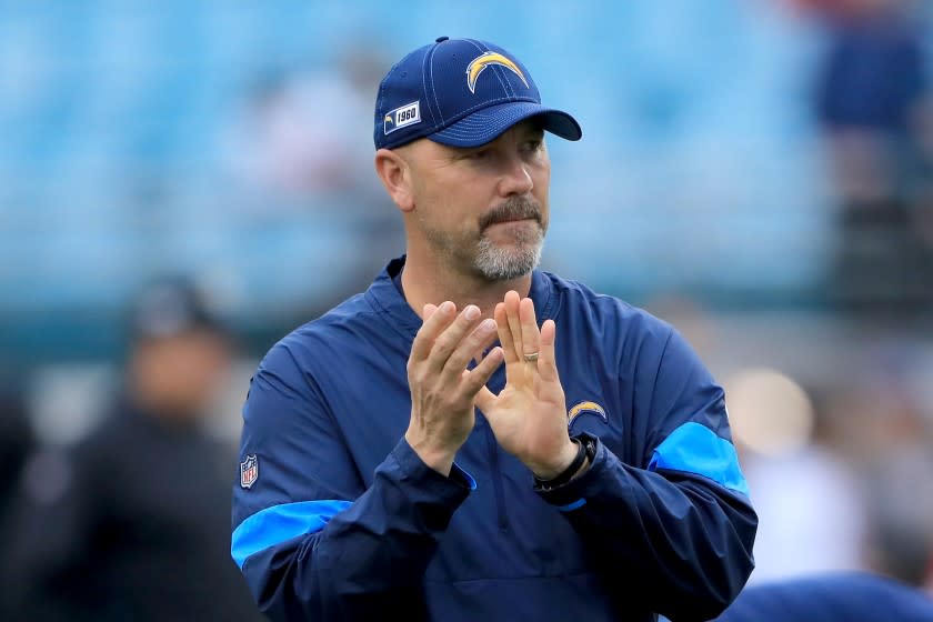 JACKSONVILLE, FLORIDA - DECEMBER 08: Defensive coordinator Gus Bradley of the Los Angeles Chargers smiles prior to the game against the Jacksonville Jaguars at TIAA Bank Field on December 08, 2019 in Jacksonville, Florida. (Photo by Sam Greenwood/Getty Images)