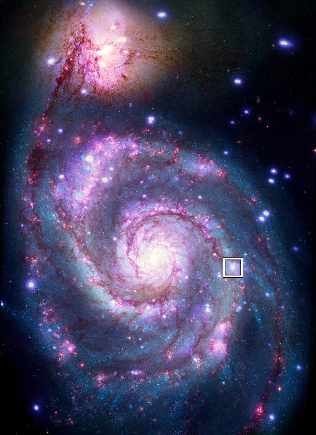 A box indicates the location of a possible exoplanet detected outside the Milky Way in a composite image from the Hubble  Space Telescope and the Chandra X-ray Observatory. (NASA / CXC / SAO / R. Di Stefano)