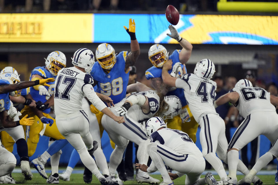 Dallas Cowboys place-kicker Brandon Aubrey (17) makes a field goal during the fourth quarter of an NFL football game against the Los Angeles Chargers Monday, Oct. 16, 2023, in Inglewood, Calif. (AP Photo/Mark J. Terrill)