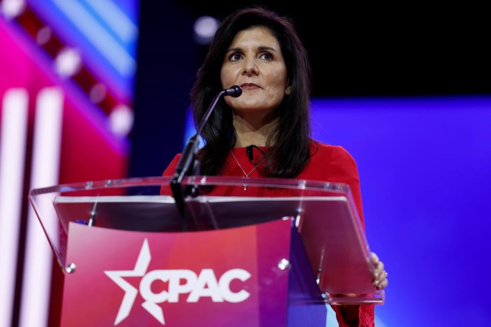 Republican presidential candidate Nikki Haley speaks during the annual Conservative Political Action Conference (CPAC) (Getty Images)