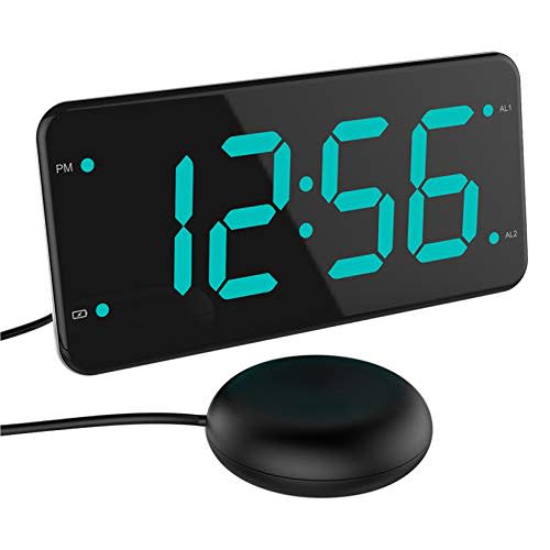 Loud Alarm Clock with Bed Shaker, Vibrating Alarm Clock for Heavy Sleepers, Deaf and Hard of Hearing, Dual Alarm Clock, 2 USB Charger Ports, 7-Inch Display, Full Range Dimmer and Battery Backup-Green