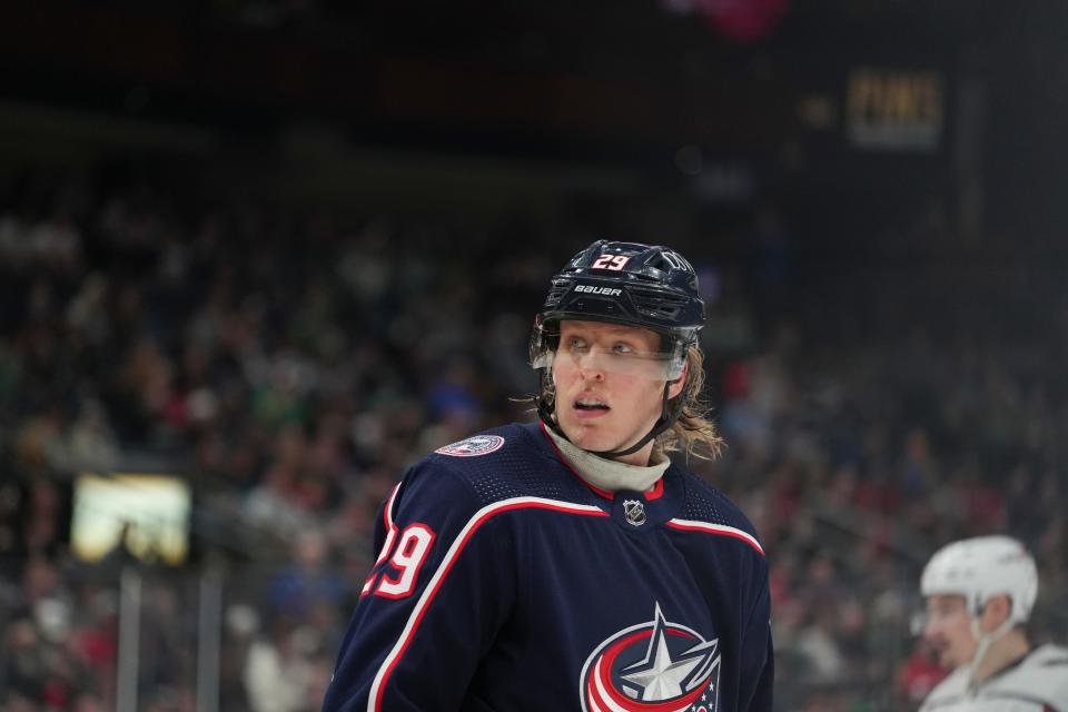 Columbus Blue Jackets left wing Patrik Laine (29) has hair sticking out of his helmet during the third period of the NHL game between the Columbus Blue Jackets and the Washington Capitals at Nationwide Arena in Columbus, Ohio, on Thursday, March 17, 2022. 