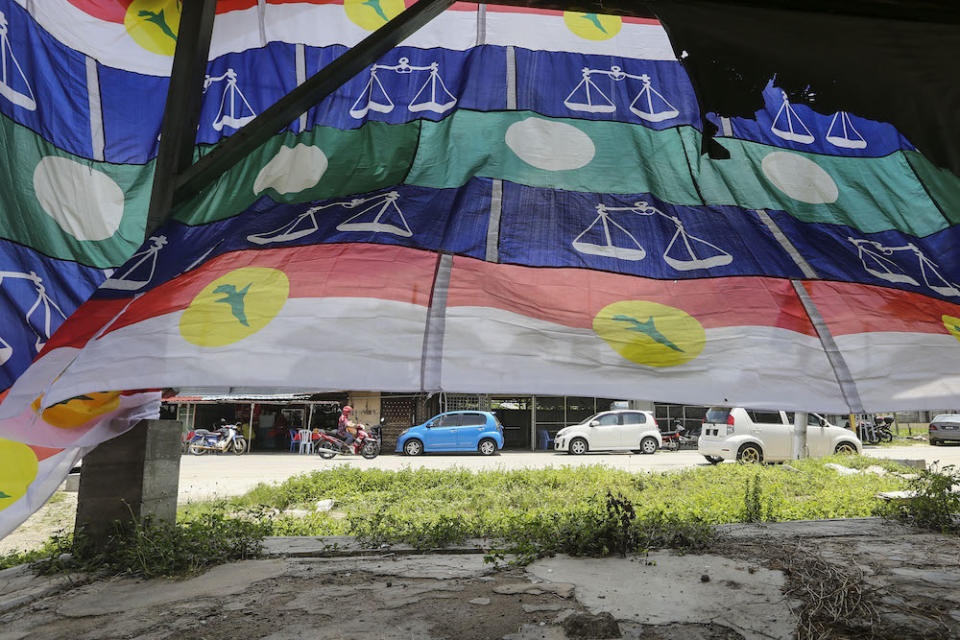 Umno, Barisan Nasional and PAS flags are seen in Pekan Kuala Sawah, Rantau April 10, 2019. — Picture by Yusof Mat Isa