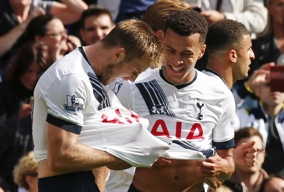 Football - Tottenham Hotspur v Manchester City - Barclays Premier League - White Hart Lane - 26/9/15 Eric Dier celebrates scoring the first goal for Tottenham with Dele Alli Reuters / Eddie Keogh Livepic EDITORIAL USE ONLY. No use with unauthorized audio, video, data, fixture lists, club/league logos or &quot;live&quot; services. Online in-match use limited to 45 images, no video emulation. No use in betting, games or single club/league/player publications.  Please contact your account representative for further details.