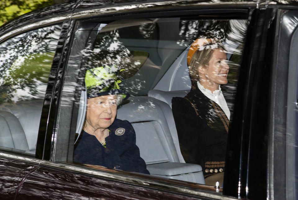 Queen Elizabeth II with Autumn Phillips arrives at Crathie Kirk to attend a Sunday church service near Balmoral where she is currently in residence. (Photo by Jane Barlow/PA Images via Getty Images)