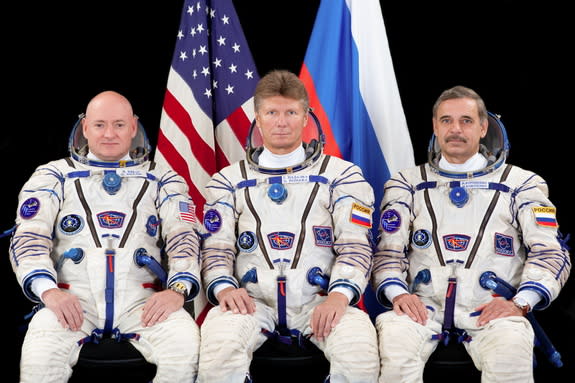 NASA astronaut Scott Kelly and cosmonauts Gennady Padalka and Mikhail Kornienko (L to R) are due to launch to the International Space Station on March 27. Kelly and Kornienko will remain on the station for one year.