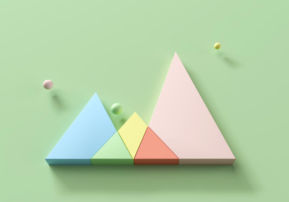 Digital generated image of abstract pastel colored intersected triangular shaped diagram
on green background.