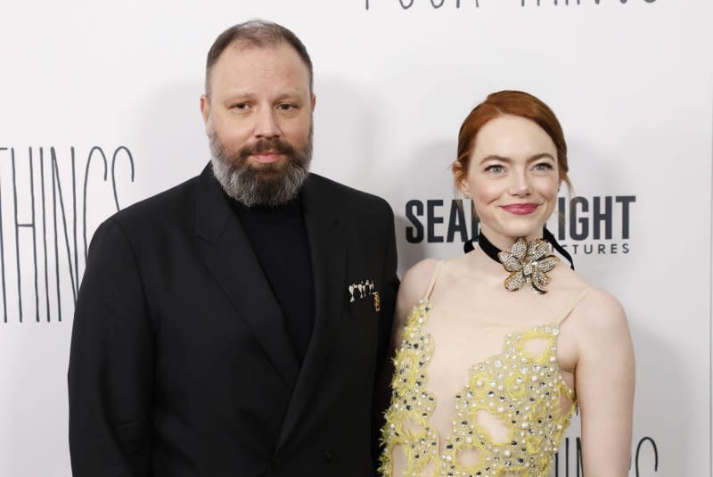 Emma Stone (R) and Yorgos Lanthimos attend the New York premiere of "Poor Things" on Wednesday. Photo by John Angelillo/UPI