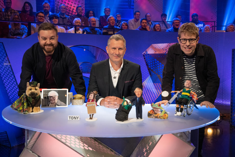 Alex Brooker, Adam Hills And Josh Widdicombe on the new set of The Last Leg (Channel 4)