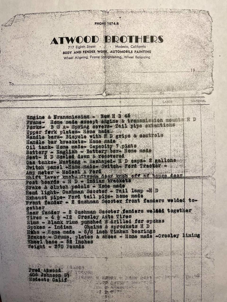 A build sheet listing parts of a motorcycle made by Fred C. Atwood, who owned an auto body shop with his brother in downtown Modesto, Calif. in the 1940s.