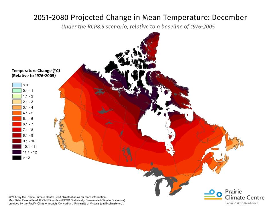 Projected temperature changes for Canada between 2051-2080. Graphic from the Prairie Climate Centre