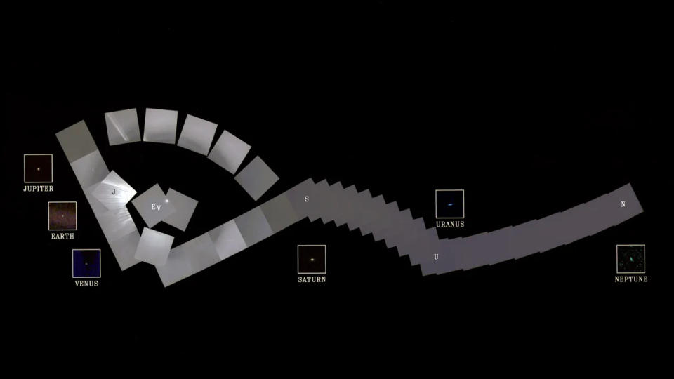 squares emphasize small points of light, planets, spread across a black image.