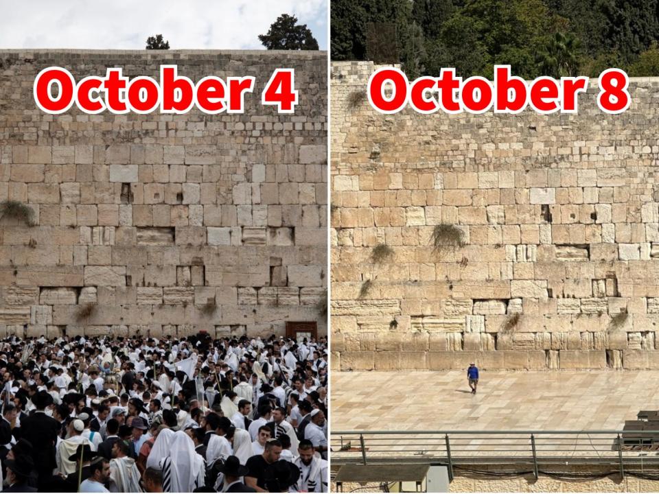 Visitors to Jerusalem's Western Wall on October 4 (left); The Western Wall on October 8.