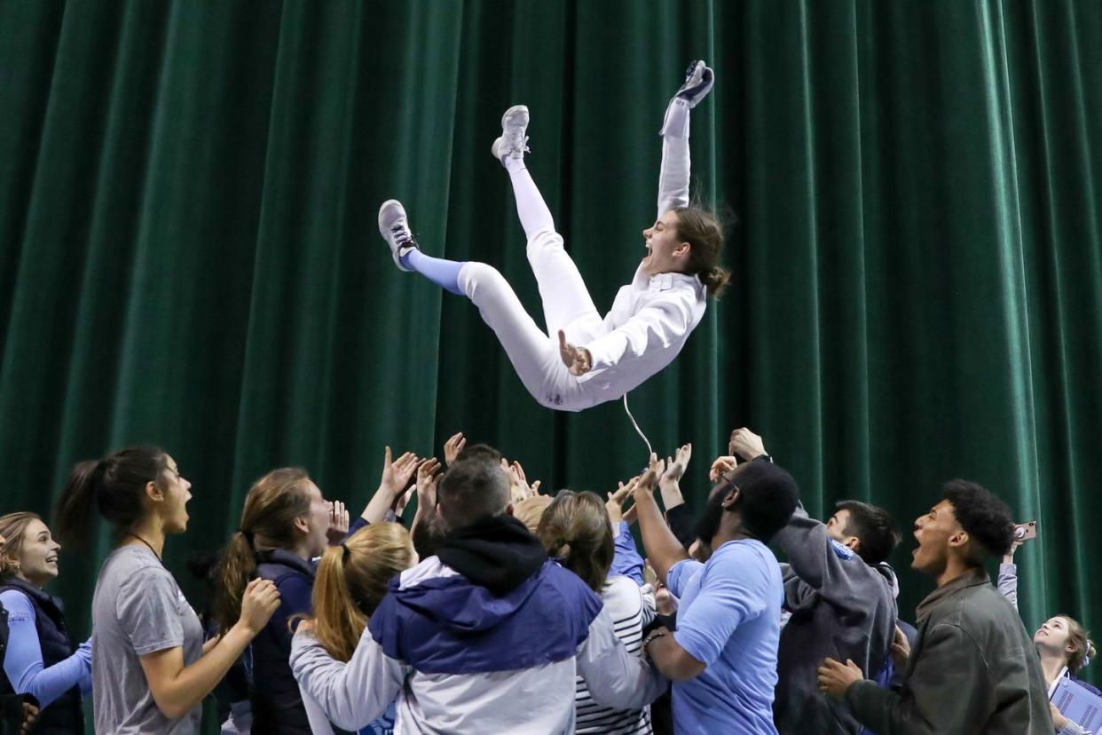 cleveland, oh march 24 anne cebula of columbia is tossed into the air by her columbia fencing teammates after winning the championship in womens epee at the national collegiate fencing championships on march 24, 2019, at the wolstein center in cleveland, oh photo by frank janskyicon sportswire via getty images