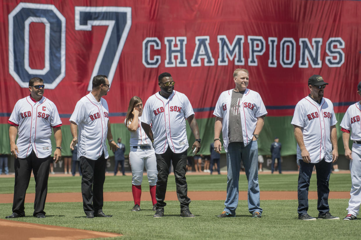 Curt Schilling took part in celebrating the 2007 Red Sox during the 2017 season. (Getty)