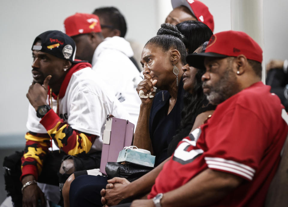 LaRay Honeycutt, center, along with family members attend a memorial service for her grandson Tyre Nichols, Tuesday, Jan. 17, 2023, in Memphis, Tenn. Nichols was killed during a traffic stop with Memphis Police on Jan. 7. (Mark Weber/Daily Memphian via AP)