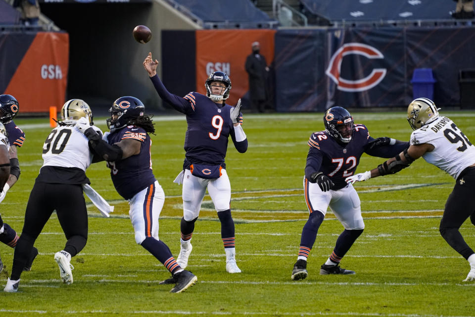 Chicago Bears quarterback Nick Foles (9) throws for a touchdown against the New Orleans Saints in the first half of an NFL football game in Chicago, Sunday, Nov. 1, 2020. (AP Photo/Nam Y. Huh)