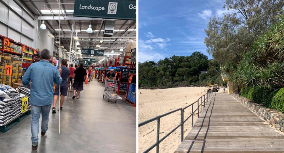 Pictured is a 50/50 of a busy Bunnings store in Noosa (left) and a deserted Noosa beach (right). 