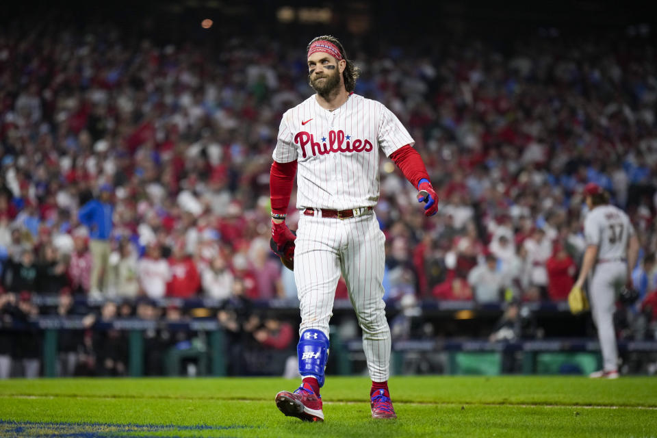 Philadelphia Phillies' Bryce Harper reacts after flying out against the Arizona Diamondbacks during the seventh inning in Game 7 of the baseball NL Championship Series in Philadelphia Wednesday, Oct. 25, 2023. (AP Photo/Matt Slocum)