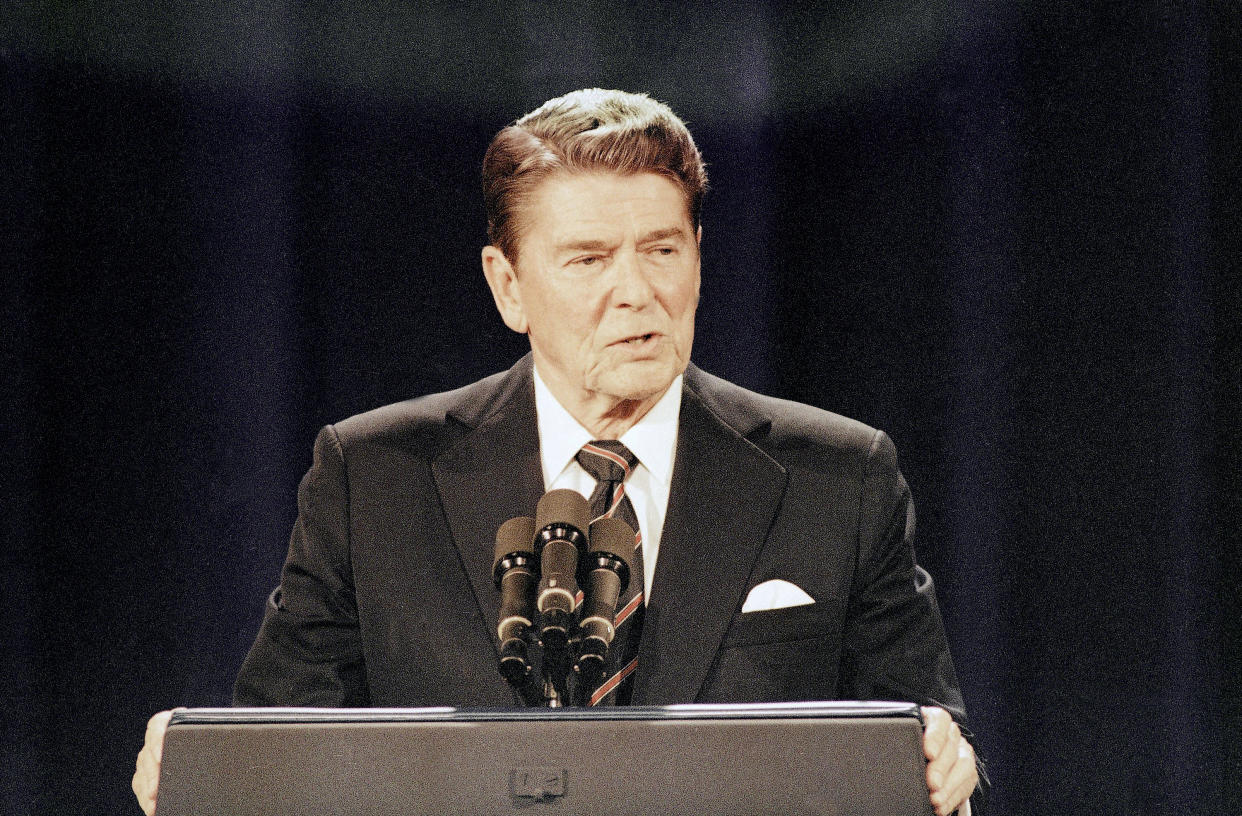 President Ronald Reagan debates Democratic presidential candidate Walter Mondale on Oct. 7, 1984.