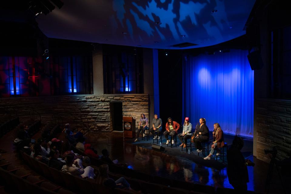 Students listen as Joy Oladokun and agent, producer and publisher speak at the Country Music Hall of Fame in Nashville, Tenn., Tuesday, May 24, 2022.