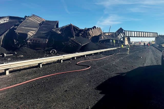 <p>Joshua Johnson/Pueblo County Sheriff's Office via AP</p> The scene of a train derailment near Pueblo, Colorado photographed on Oct. 15, 2023