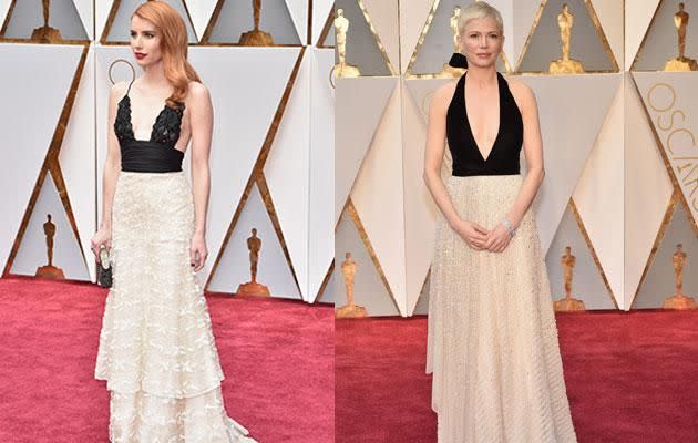 Emma Roberts and Michelle Williams wore very similar designs. Photo: Getty