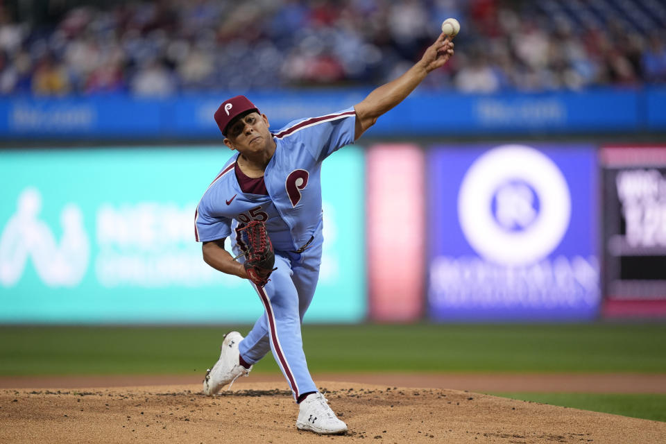 Philadelphia Phillies' Ranger Suárez pitches during the first inning of a baseball game against the Pittsburgh Pirates, Thursday, April 11, 2024, in Philadelphia. (AP Photo/Matt Rourke)