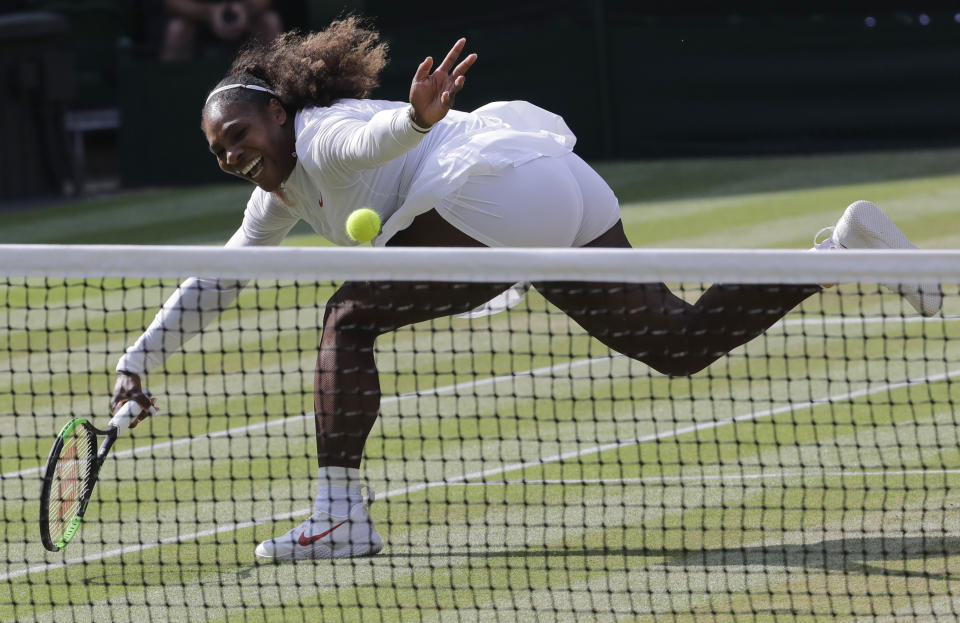 FILE - Serena Williams returns the ball to Germany's Angelique Kerber during their women's singles final match at the Wimbledon Tennis Championships, in London, Saturday July 14, 2018. The 2022 Wimbledon competition is not the first comeback from a significant absence for Williams. (AP Photo/Ben Curtis, File)