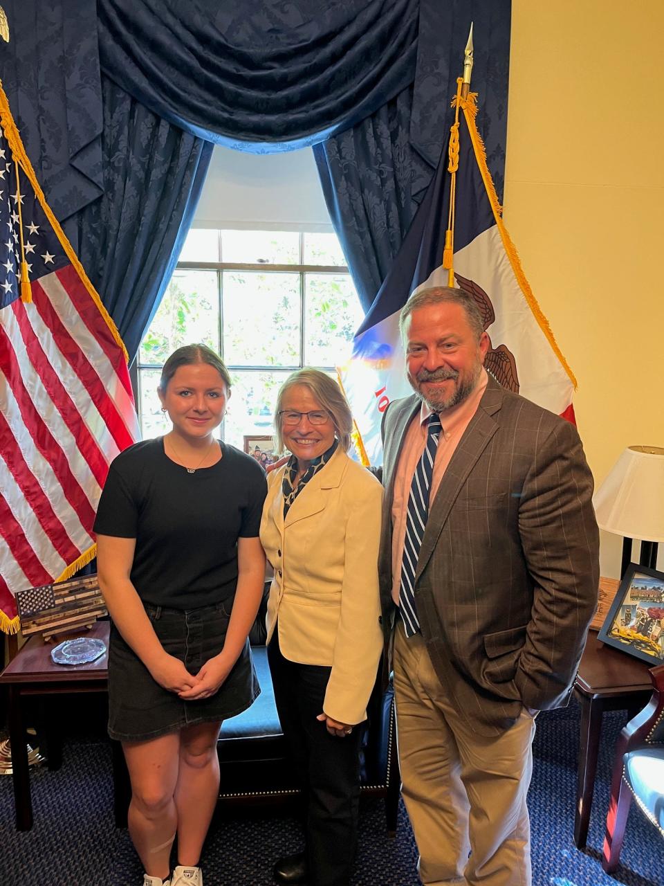 Brandon Butler and his daughter, Annabel Butler, meet with Congresswoman Mariannette Miller-Meeks, R-Iowa, during a CSF event to discuss conservation policy.