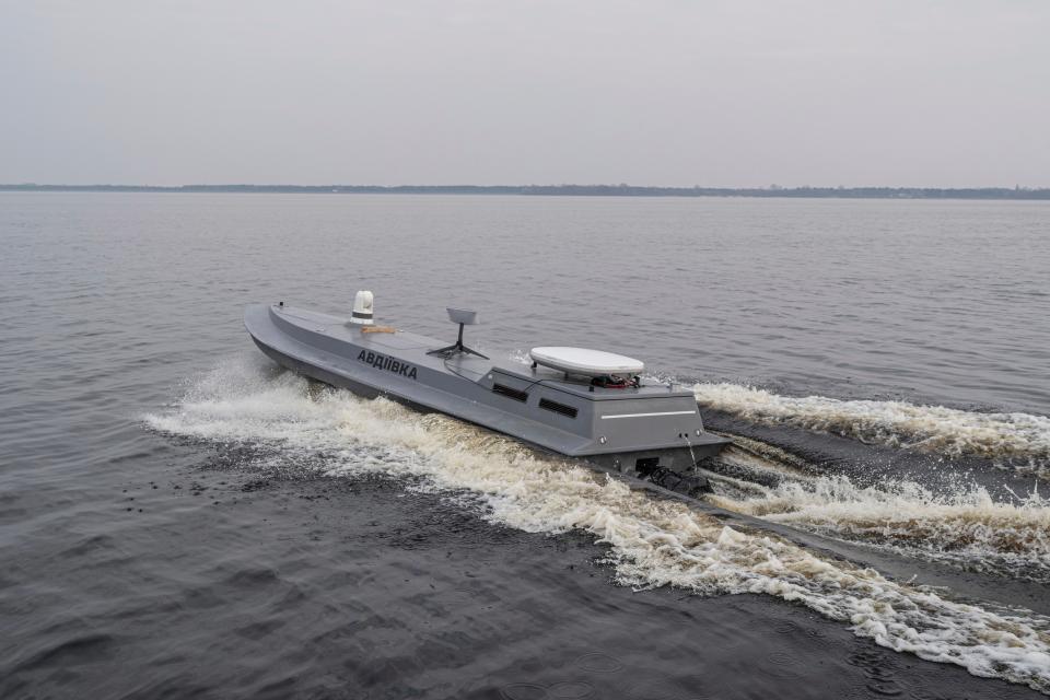 A naval drone moves through the water during the presentation by Ukraine's Security Service in the Kyiv region on March 5, 2024.