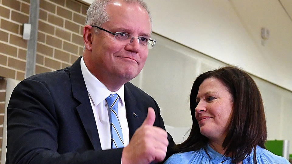 Scott Morrison casts his vote alongside wife Jenny, on election day. Source: AAP