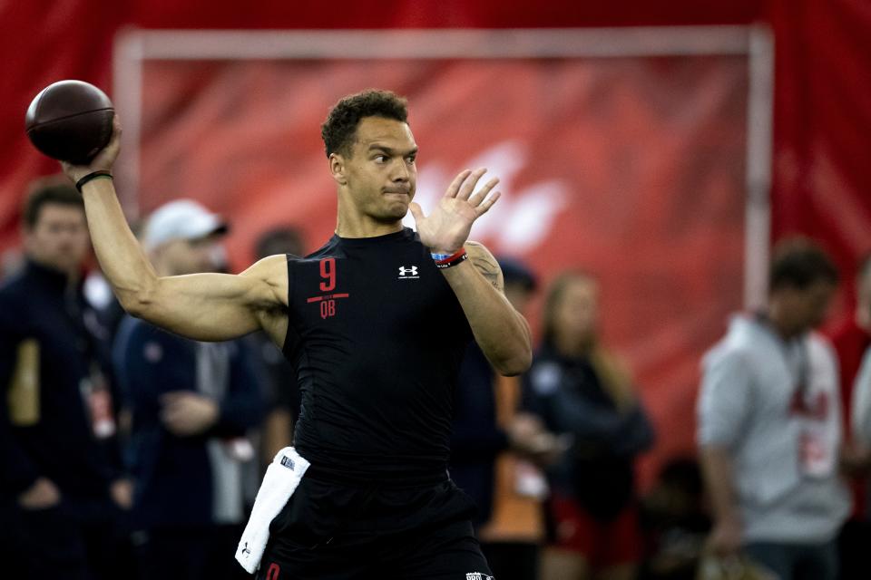 Cincinnati Bearcats quarterback Desmond Ridder (9) throws a pass during Cincinnati Football Pro Day, Thursday, March 24, 2022, at the Sheakley Athletic Complex in Cincinnati.