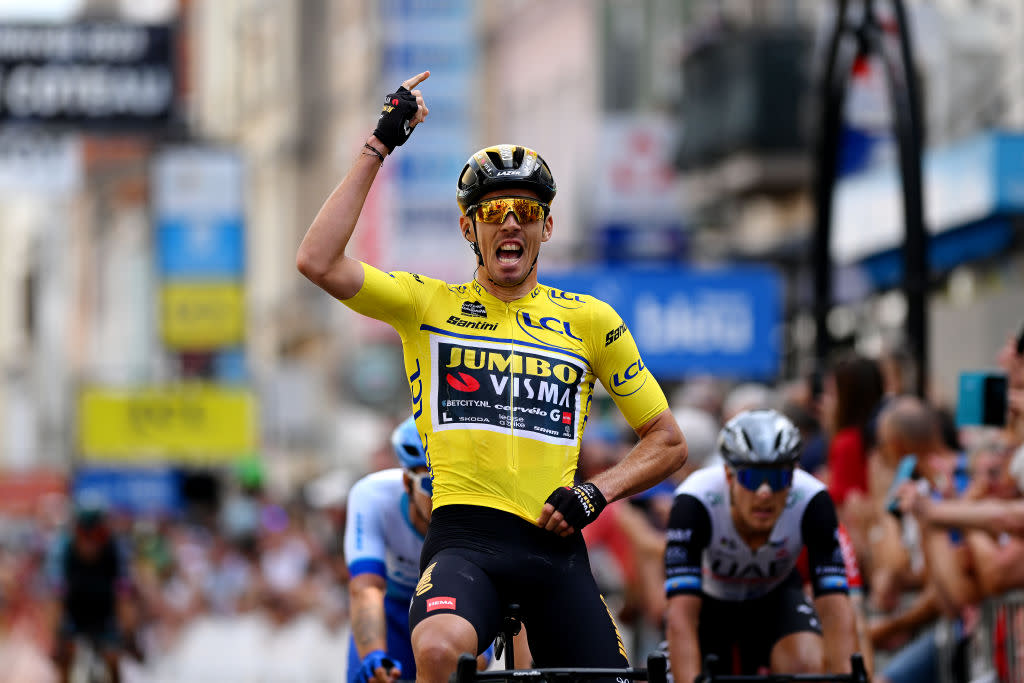  LE COTEAU FRANCE  JUNE 06 Christophe Laporte of France and Team JumboVisma  Yellow leader jersey celebrates at finish line as stage winner during the 75th Criterium du Dauphine 2023 Stage 3 a 1941km stage from MonistrolsurLoire to Le Coteau  UCIWT  on June 06 2023 in Le Coteau France Photo by Dario BelingheriGetty Images 