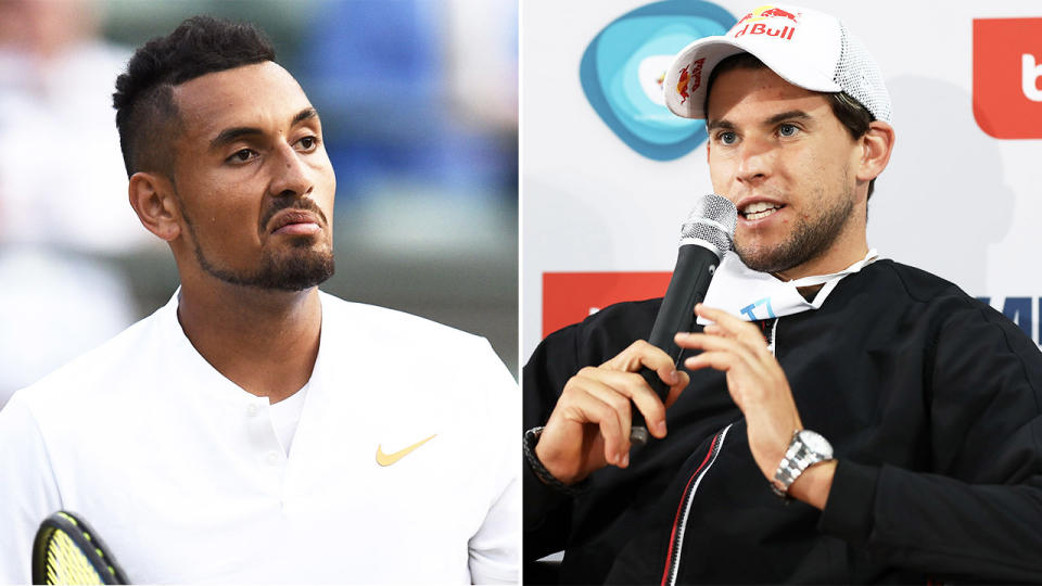 Dominic Thiem (pictured right) talking at a press conference and Nick Kyrgios (pictured left) reacting after a point.