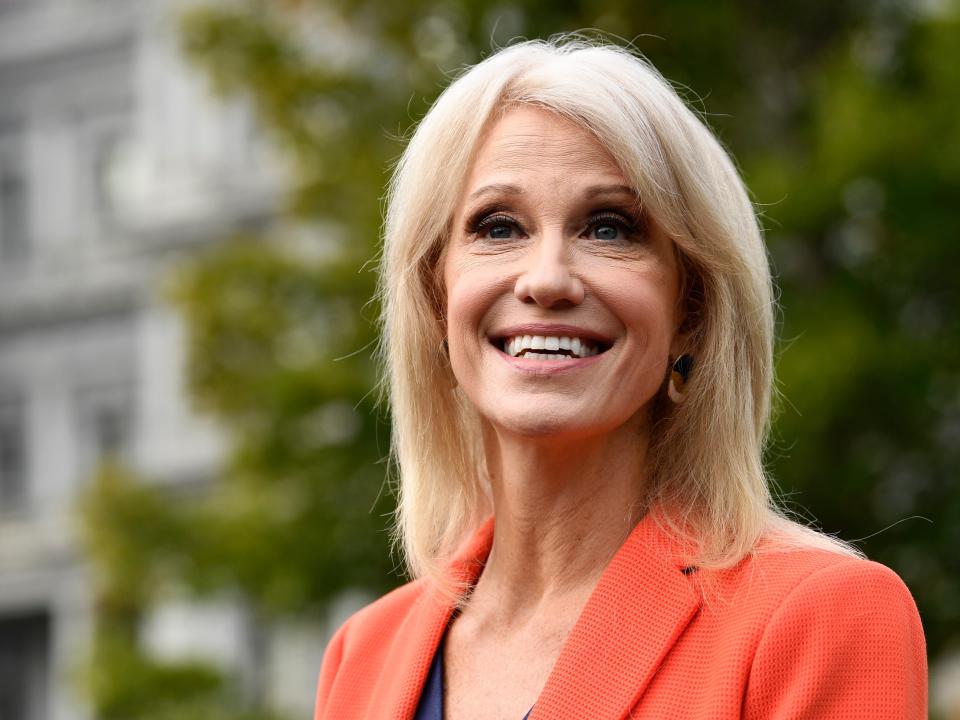 White House counselor Kellyanne Conway talks to reporters outside the West Wing of the White House in Washington, Friday, Oct. 25, 2019. (AP Photo/Susan Walsh)