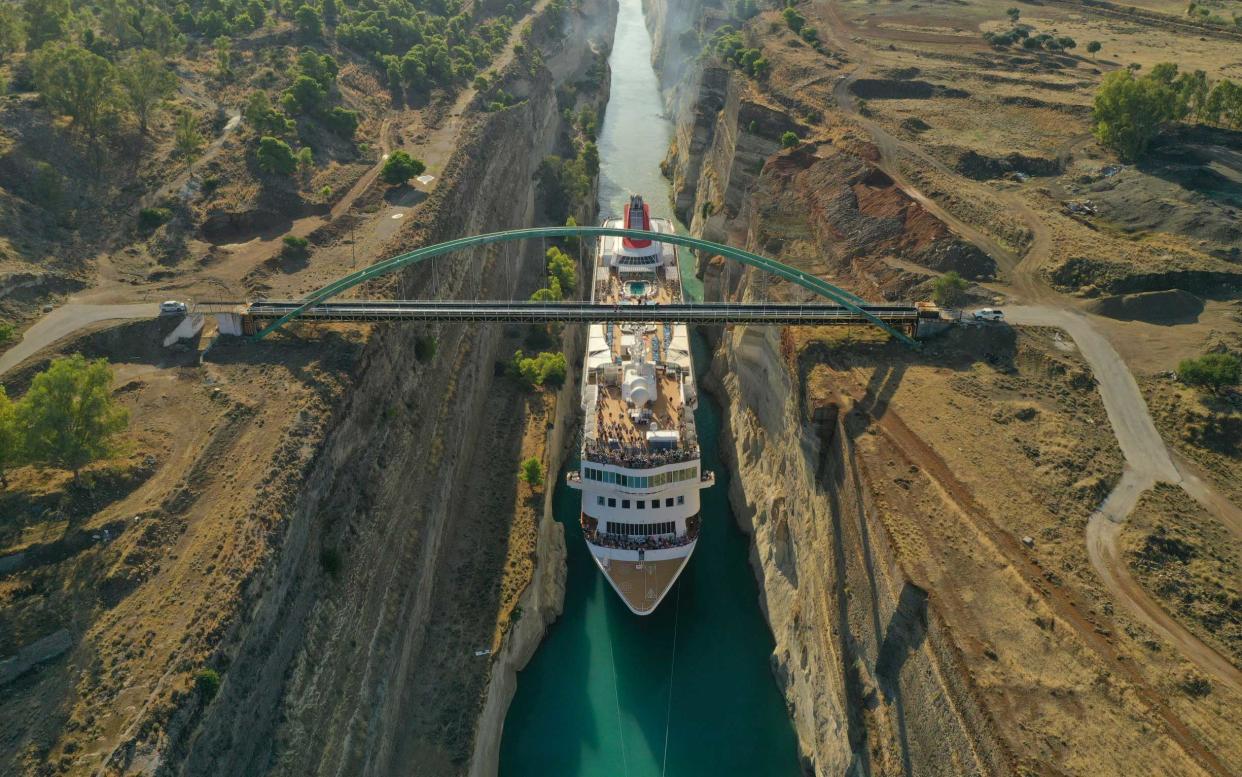 The tightest of spots - Braemar squeezes along the narrow Corinth Canal