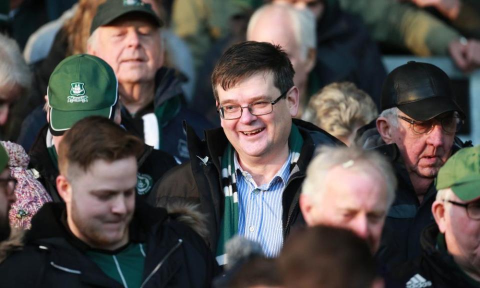 James Brent, centre, with the fans during Argyle’s recent win at Oxford.