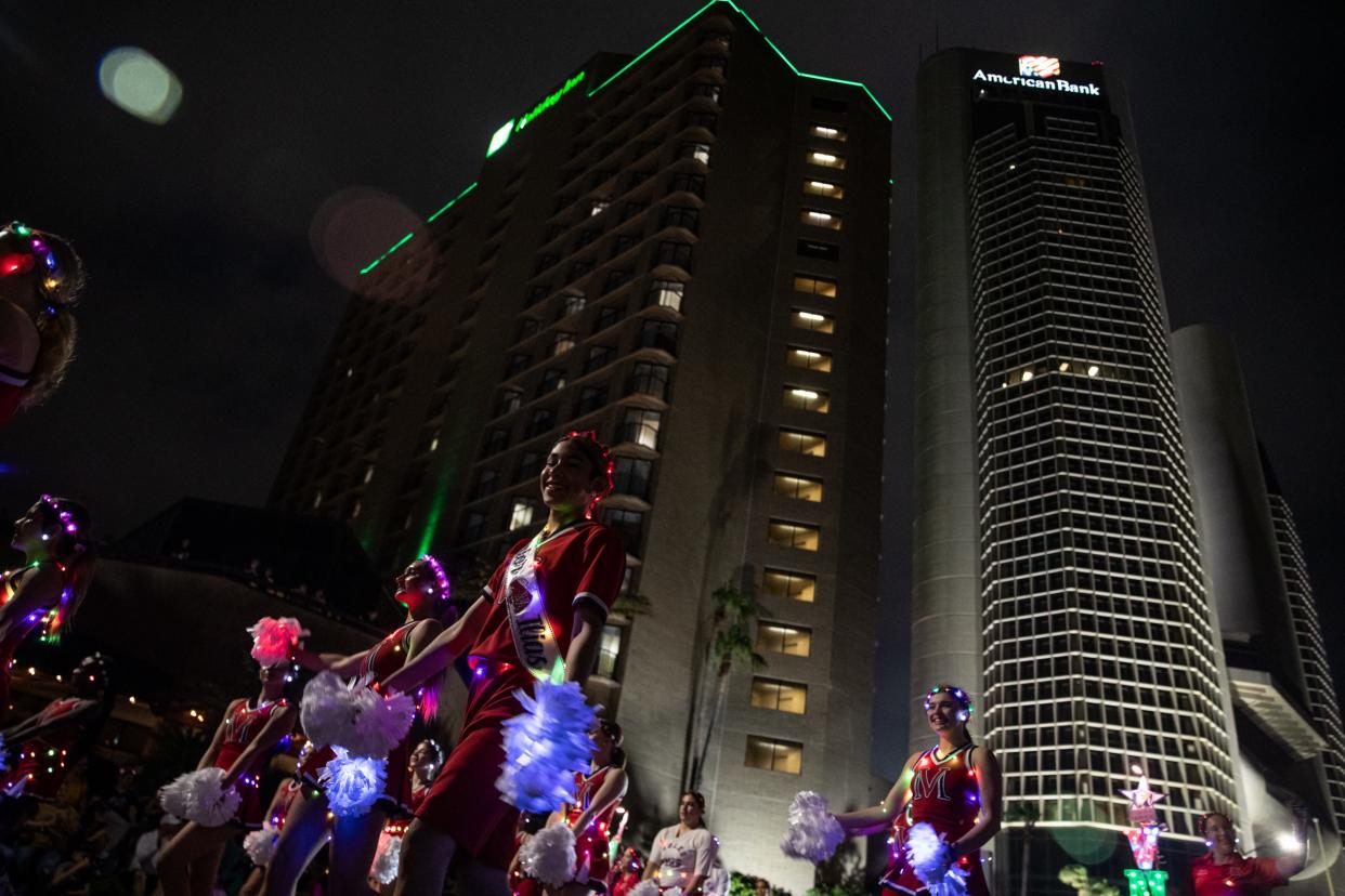 Veterans Memorial High School marches in the annual Buc Days Night Parade on Saturday, May 6, 2023, in Corpus Christi, Texas.