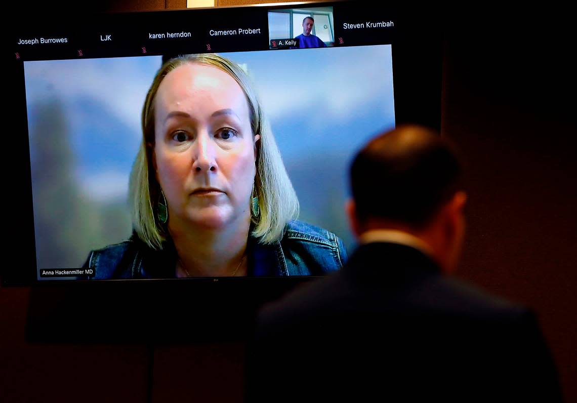 Dr. Anna Hackenmiller, a psychiatrist at Eastern Washington State Hospital, is questioned by deputy prosecutor Brandon Pang during Thursday’s hearing for Richland Fred Meyer shooting suspect Aaron Kelly in Benton County Superior Court in Kennewick