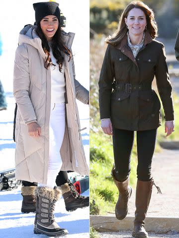 <p>Karwai Tang/WireImage; Chris Jackson/Getty</p> Meghan Markle donning a pair of Sorel snowboots and Kate Middleton wearing her brown leather riding boots