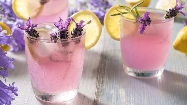 cocktails garnished with lavender