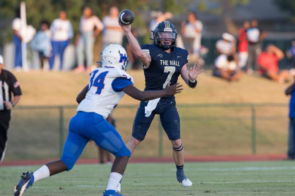 Heritage Hall's Andy Bass (7) passes against Millwood during a high school football game at Heritage Hall in Oklahoma City on Friday, Aug. 31, 2023.