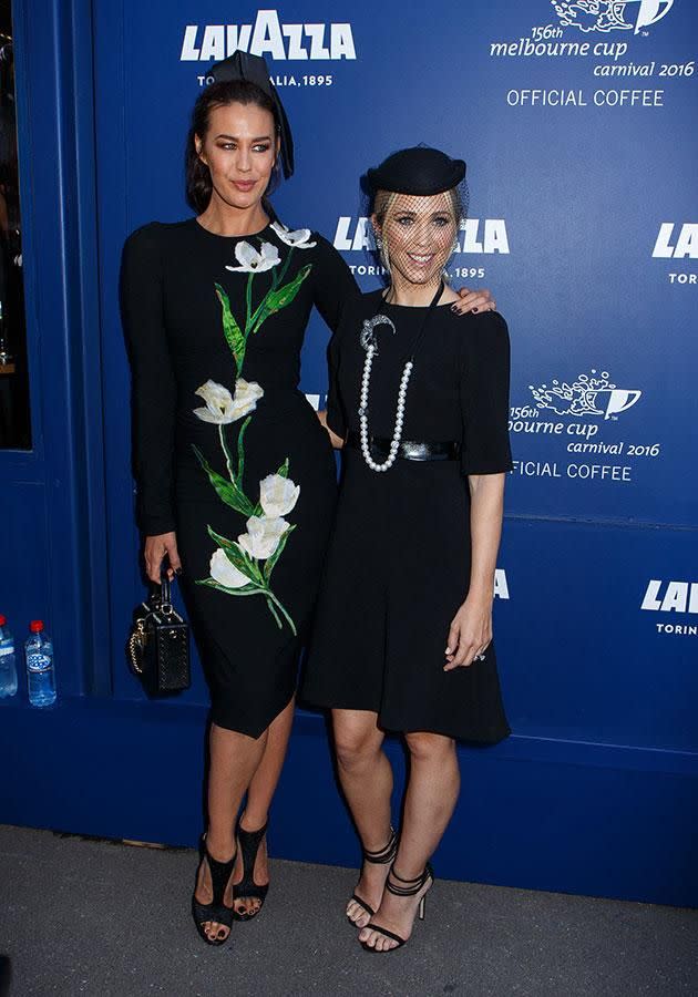 Megan Gale and Bec Hewitt celebrate Derby Day at Flemington racecourse. Source: Splash News