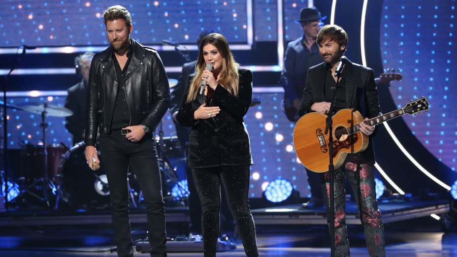 (L-R) Charles Kelley, Hillary Scott and Dave Haywood of Lady Antebellum perform onstage during the 2019 CMT Artists of the Year at Schermerhorn Symphony Center on October 16, 2019 in Nashville, Tennessee. (Photo by Terry Wyatt/Getty Images)